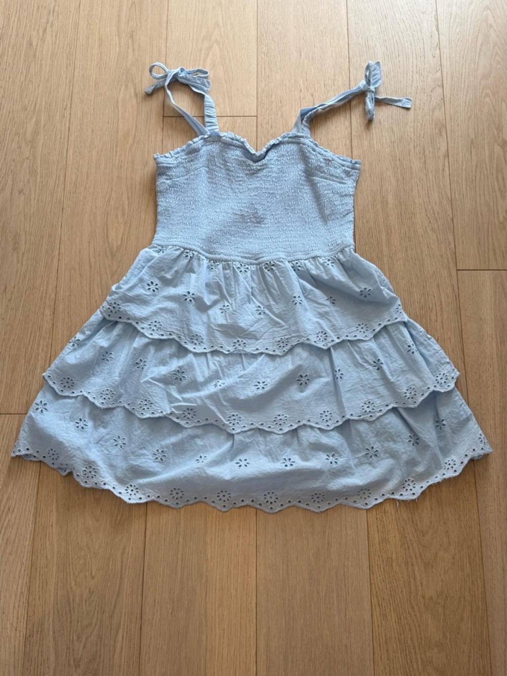 Japna Light Blue Eyelet Tiered Mini Dress XL Smocked Summer Vacation Baby Blue